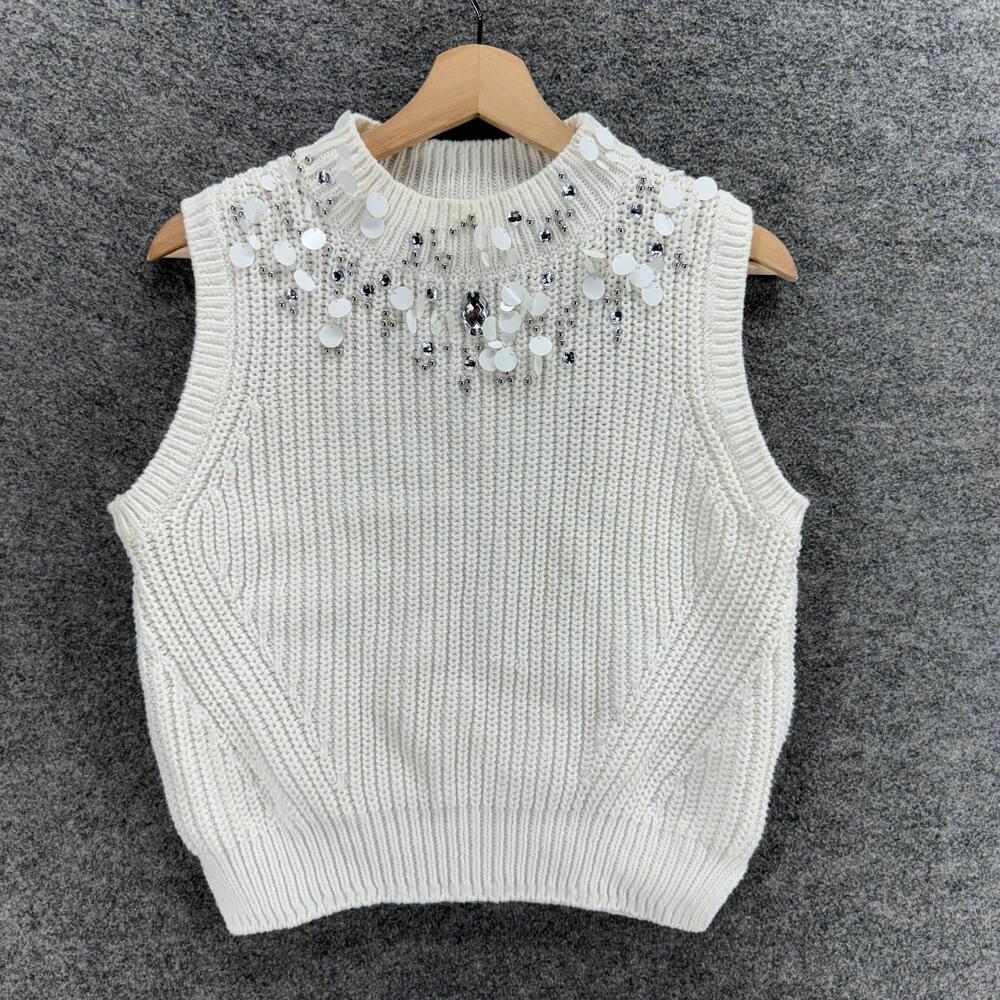 H&M Vest Women L Large White Knit Sleeveless Crew Neck Cotton Sequin Casual